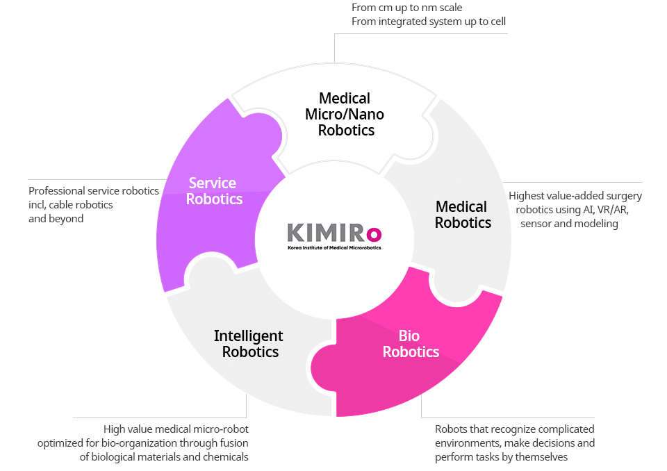 마이크로/나노로봇 :nm부터 cm크기까지 - 세포부터 통합시스템까지 , 의료로봇 : 인공지능, 가상/증강현실과 모델링이 사용된 고부가가치 수술 로봇, 바이오로봇, 지능형로봇, 서비스로봇 : 케이블로봇과 그 이상을 포함한 전문서비스 로봇